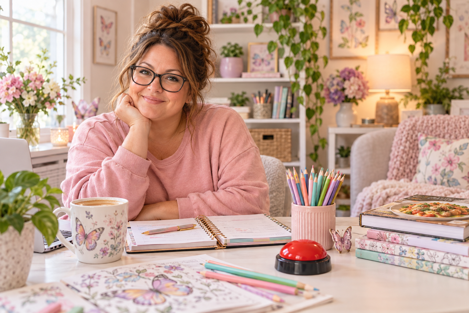 Jenn at her cozy creative desk with planners, coloring supplies, cookbooks, butterflies, and a playful red button